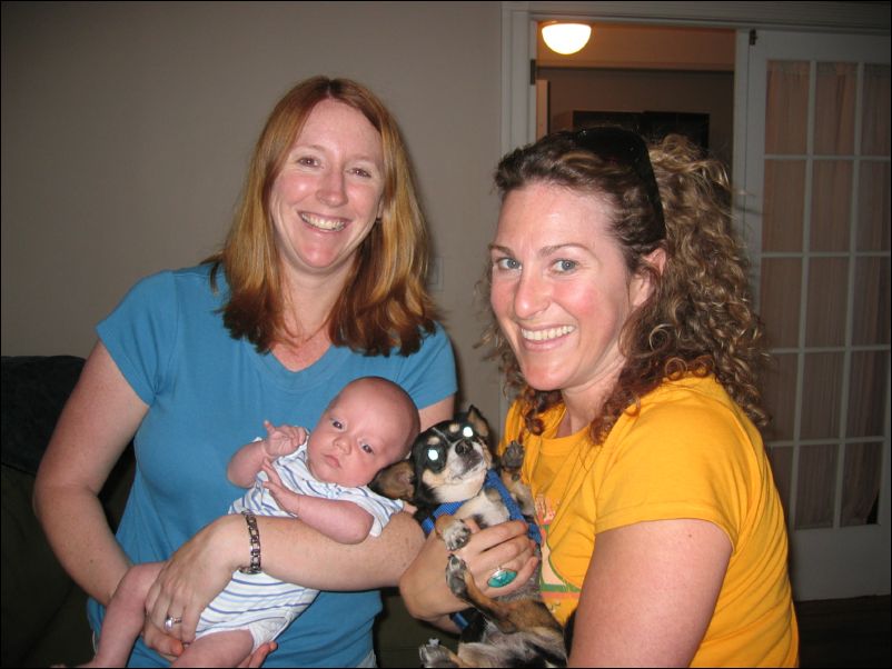 Bridget holding Owen, Veronique holding Roscoe